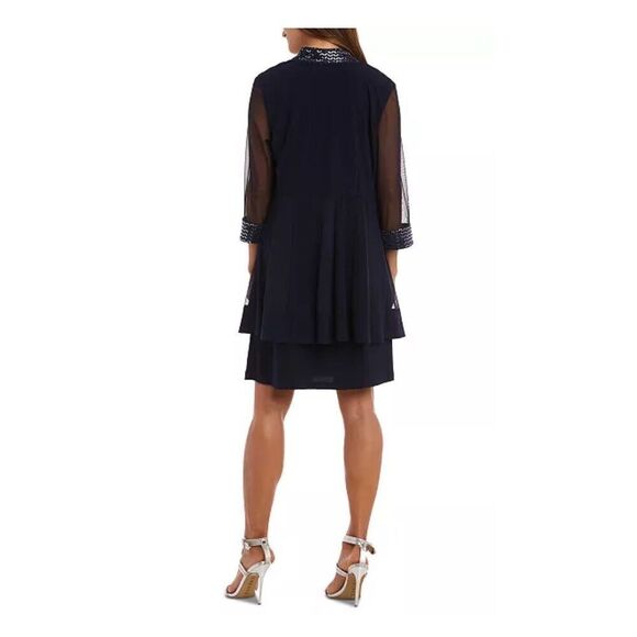 R & M Richards Womens 10P Embellished Navy Blue Dress with Matching Jacket - Picture 2 of 12